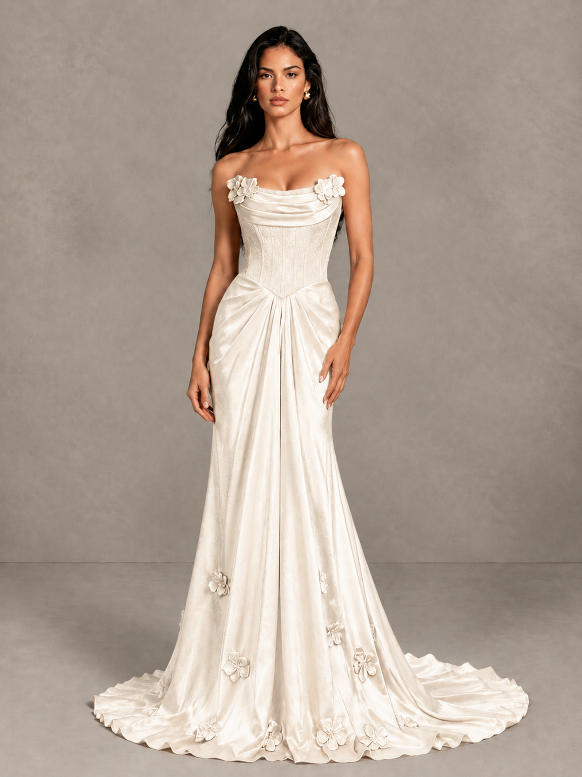 BOLODOO Ivory Strapless Floral Corset Evening Gown with Train - Ivory - Ivory_4