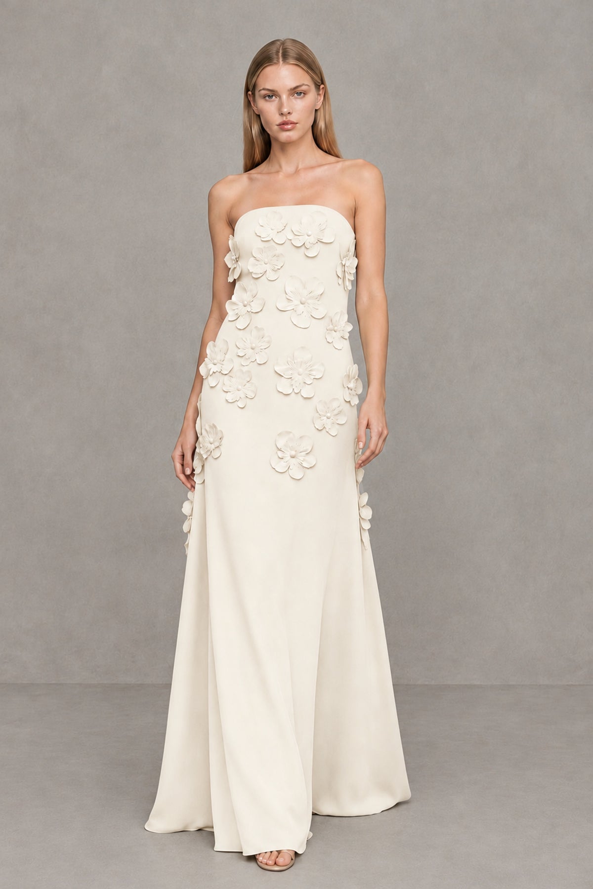 BOLODOO Ivory Strapless 3D Floral Appliqué Crepe Maxi Gown - Ivory - Ivory_4
