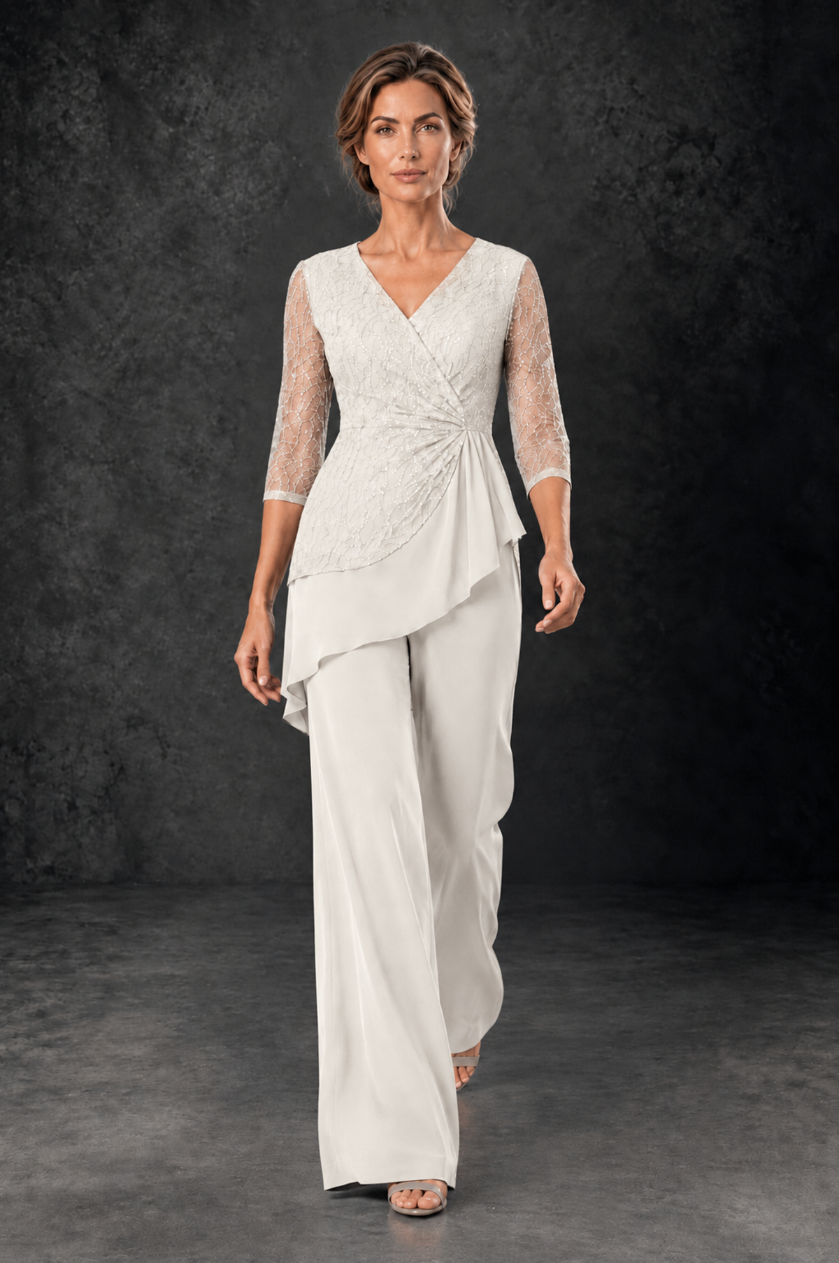 BOLODOO Ivory Sequin Lace 3/4 Sleeve Chiffon Mother of the Bride Pant Suit - Ivory - Ivory_4