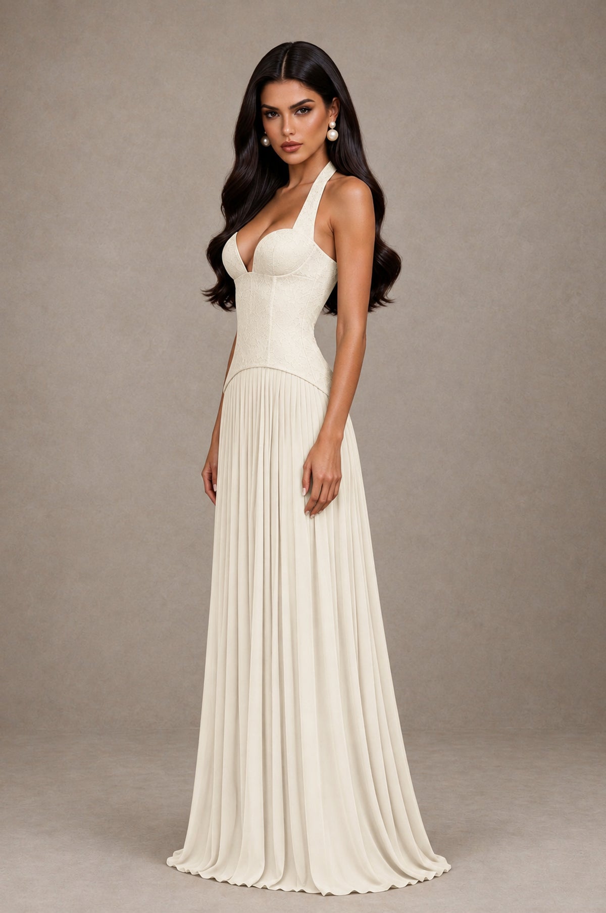 BOLODOO Ivory Halter Corset Pleated A-Line Evening Dress - Ivory - Ivory_4