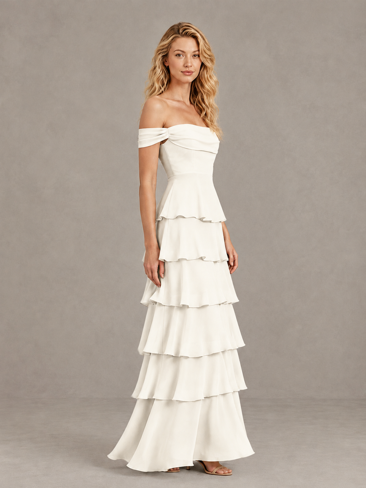 BOLODOO Ivory Off-Shoulder Tiered Ruffle Bridesmaid Dress with Lace-Up Back - Ivory - Ivory_4