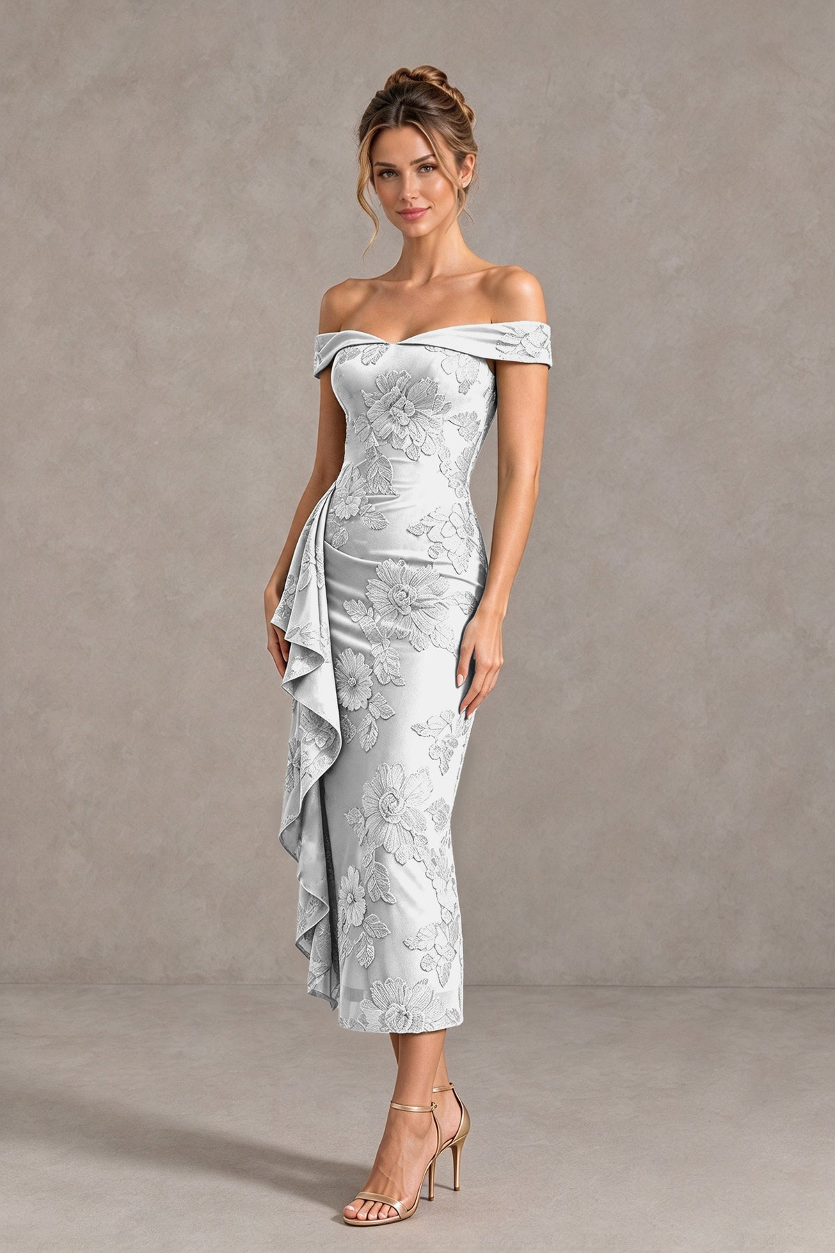 BOLODOO Ivory Off Shoulder Floral Jacquard Midi Dress - Ivory - Ivory(4)