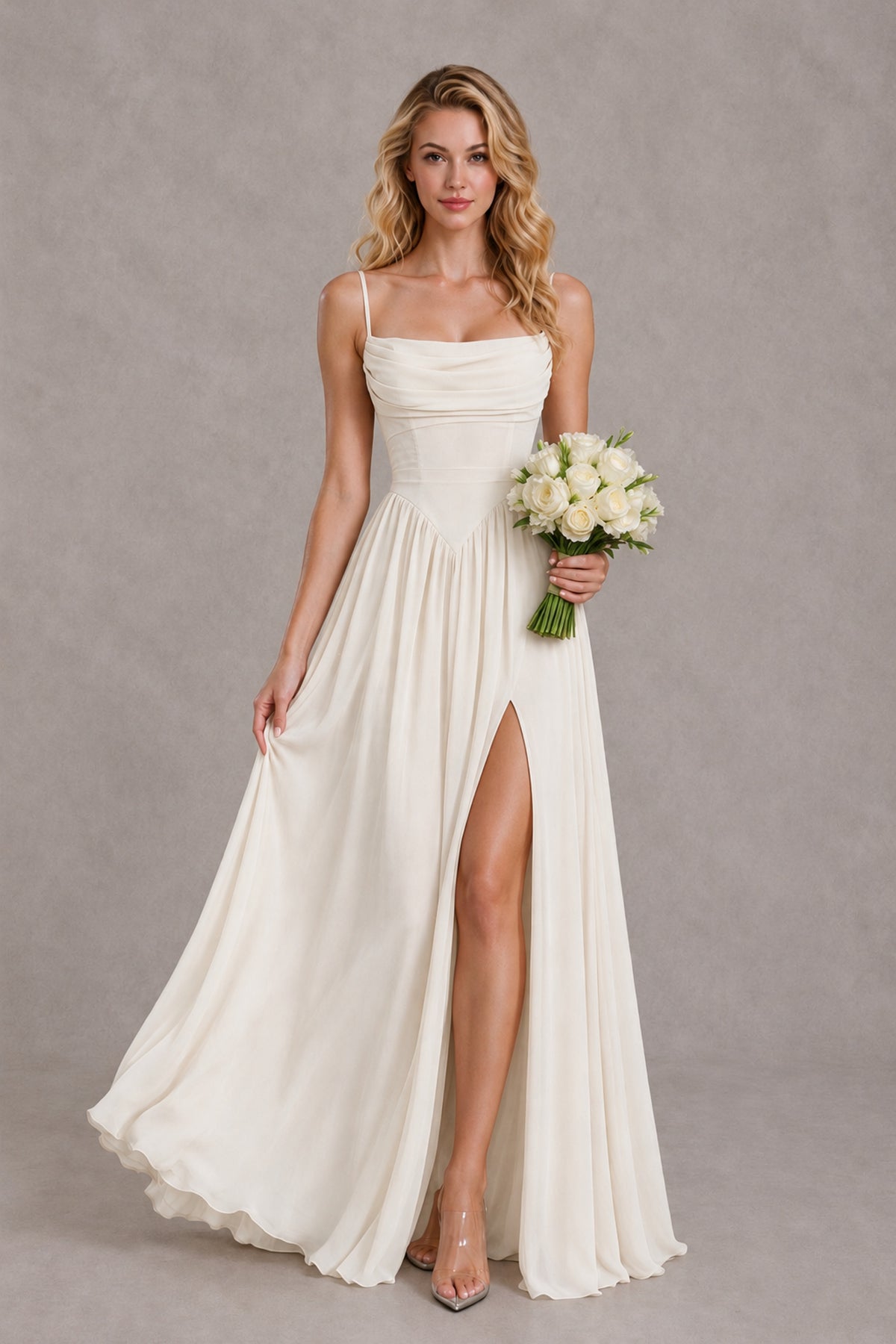 BOLODOO Ivory Spaghetti Strap A-Line Bridesmaid Dress with Slit - Ivory - Ivory_4