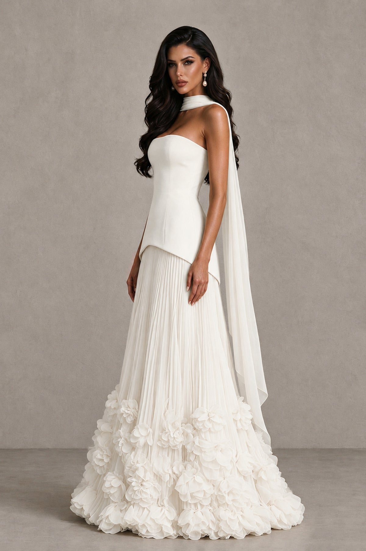 BOLODOO Ivory Strapless Pleated Floral Hem Evening Gown - Ivory - Ivory_4