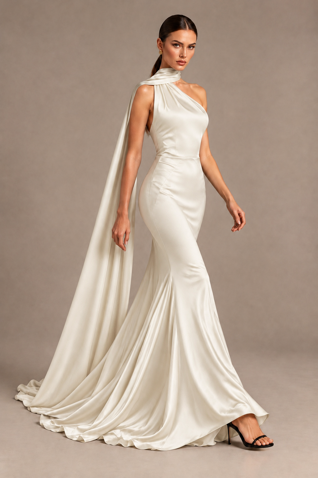 BOLODOO Ivory One-Shoulder Satin Mermaid Evening Dress with Scarf - Ivory - Ivory_4