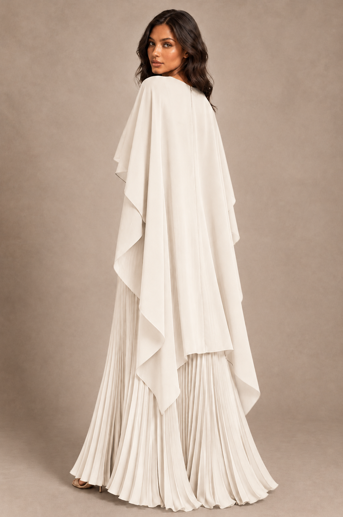 BOLODOO Ivory Pleated Cape A-Line Evening Dress - Ivory - Ivory_4