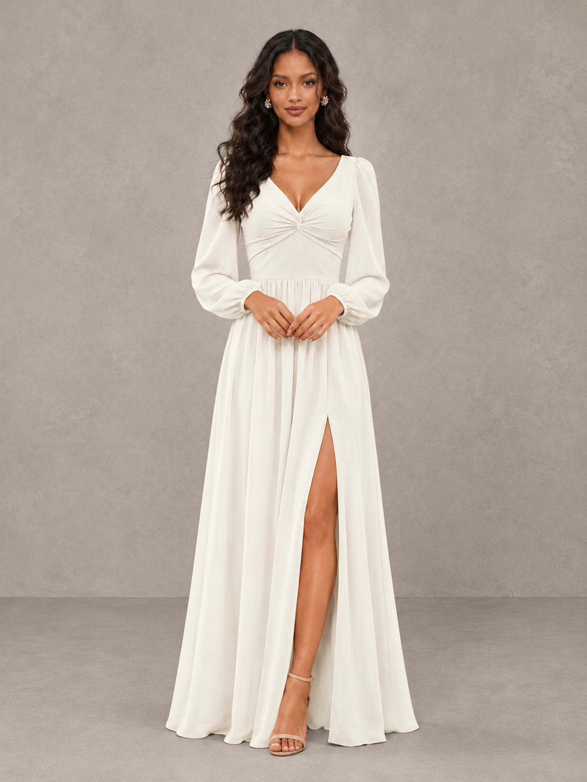 BOLODOO Ivory V-Neck Long Sleeve Bridesmaid Dress with Tie Back and Slit - Ivory - Ivory_5