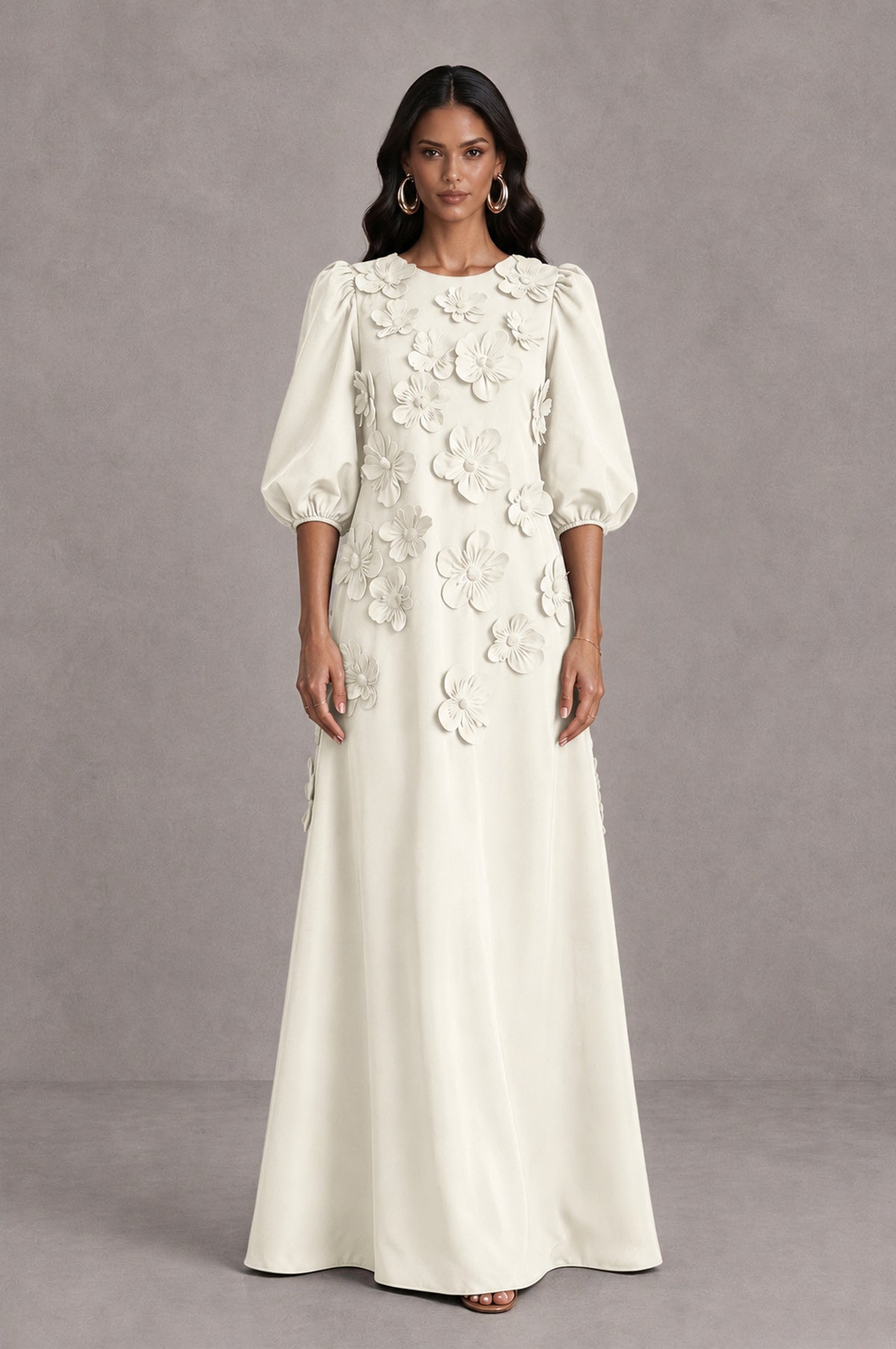 BOLODOO Ivory Floral Applique Puff Sleeve A-Line Evening Dress - Ivory - Ivory (1)