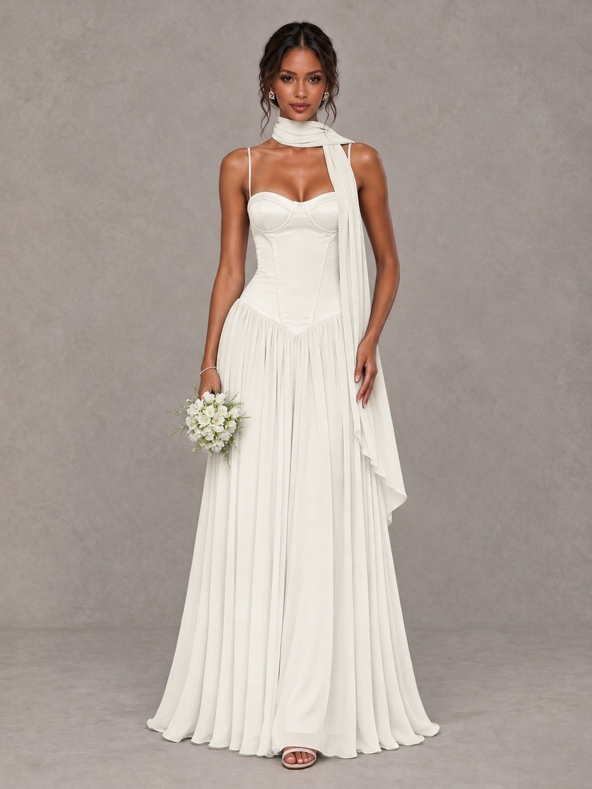 BOLODOO Ivory Corset Bridesmaid Dress with Scarf - Ivory - Ivory (1)
