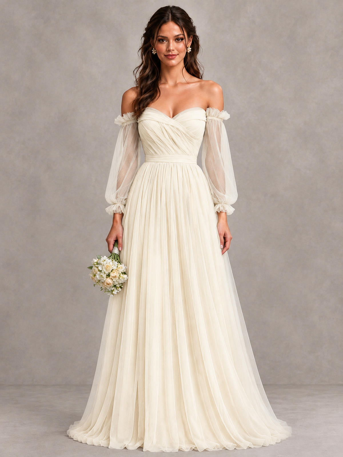 BOLODOO Ivory Off-the-Shoulder Long Sleeve A-Line Bridesmaid Dress - Ivory - Ivory (1)
