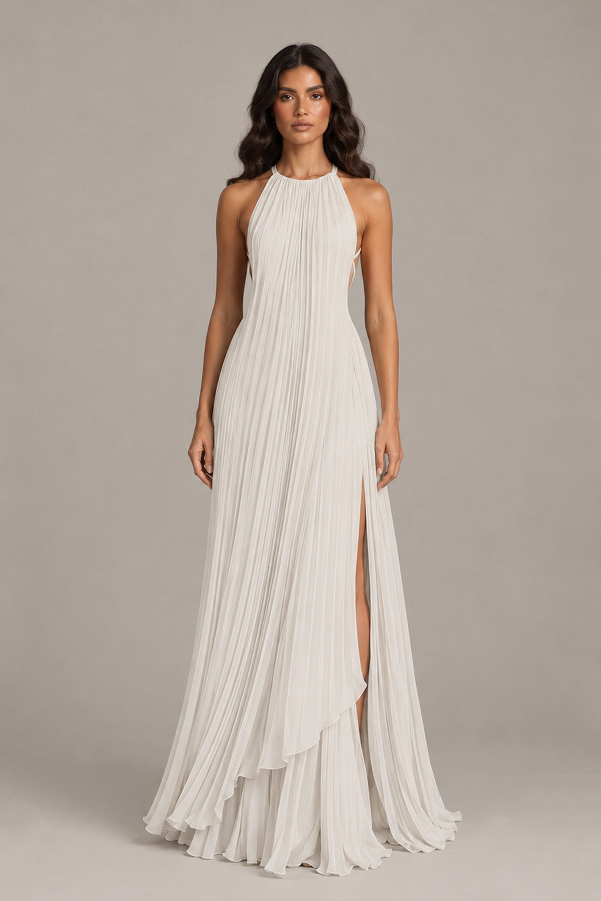 BOLODOO Ivory Halter Neck Pleated Chiffon Maxi Dress with Side Slit - Ivory
