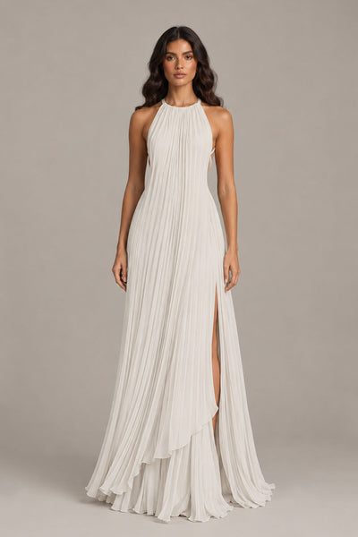 BOLODOO Ivory Halter Neck Pleated Chiffon Maxi Dress with Side Slit - Ivory