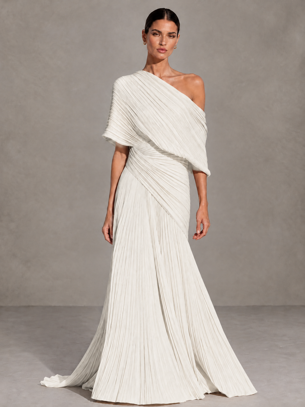 BOLODOO Ivory One-Shoulder Pleated Cape Evening Gown with Train - Ivory - Ivory (1)