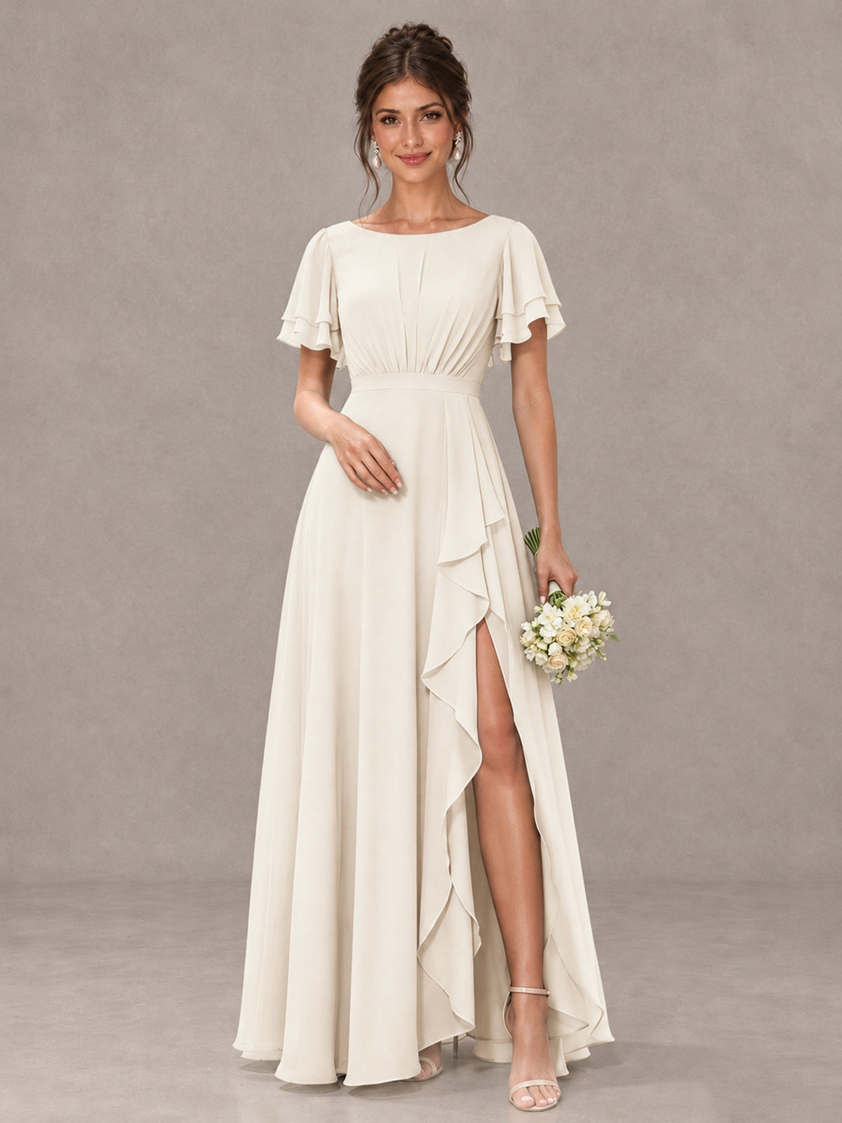 BOLODOO Ivory Flutter Sleeve Ruffle Bridesmaid Dress with Slit - Ivory - Ivory (1)