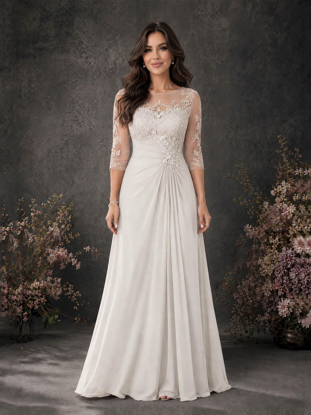 BOLODOO Ivory Chiffon Lace Illusion Neckline 3/4 Sleeve Floor Length Formal Gown - Ivory