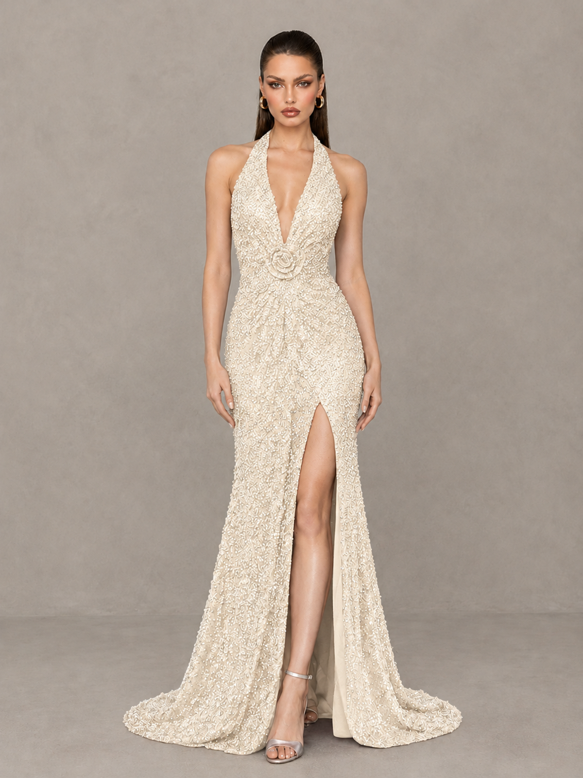 BOLODOO Ivory Sequin Halter Open Back Evening Gown with High Slit - Ivory - Ivory (1)