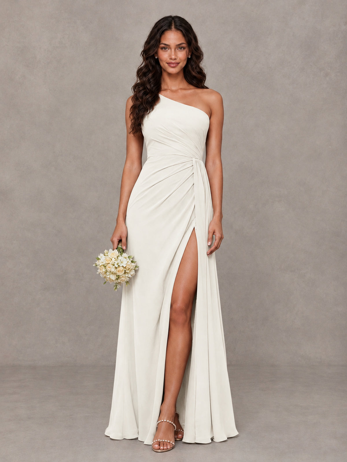 BOLODOO Ivory One-Shoulder Chiffon Bridesmaid Dress with Ruched Bodice & High Slit - Ivory - Ivory (1)