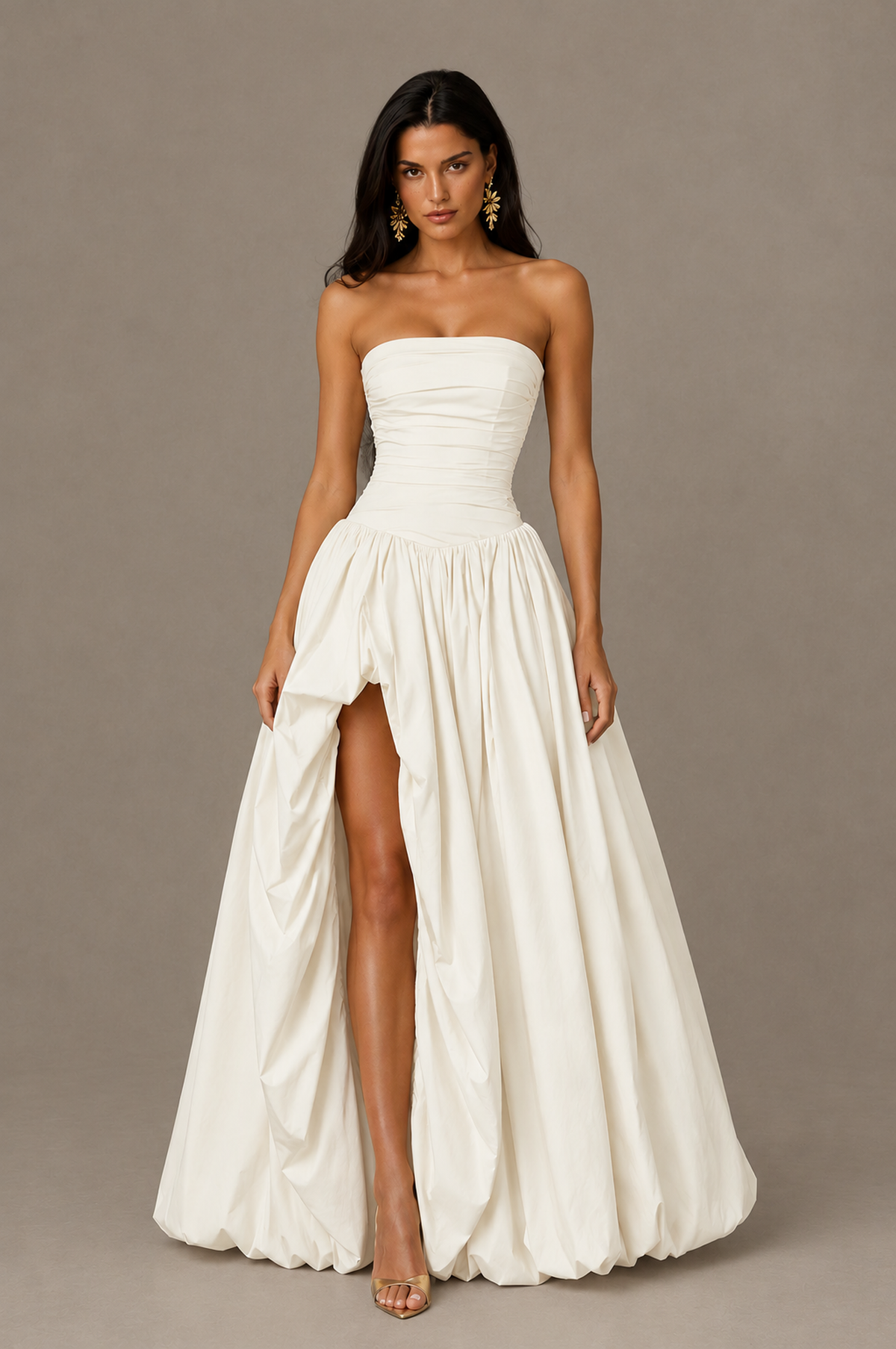 BOLODOO Ivory Strapless Ruched Corset Lace-Up Back Bubble Skirt High Slit Taffeta Maxi Dress - Ivory