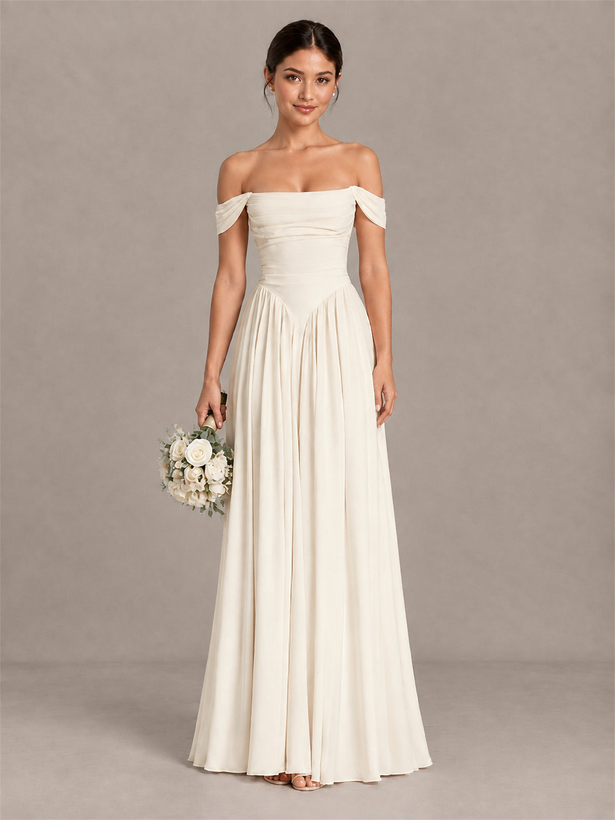 BOLODOO Ivory Off-Shoulder Chiffon A-Line Bridesmaid Dress - Ivory