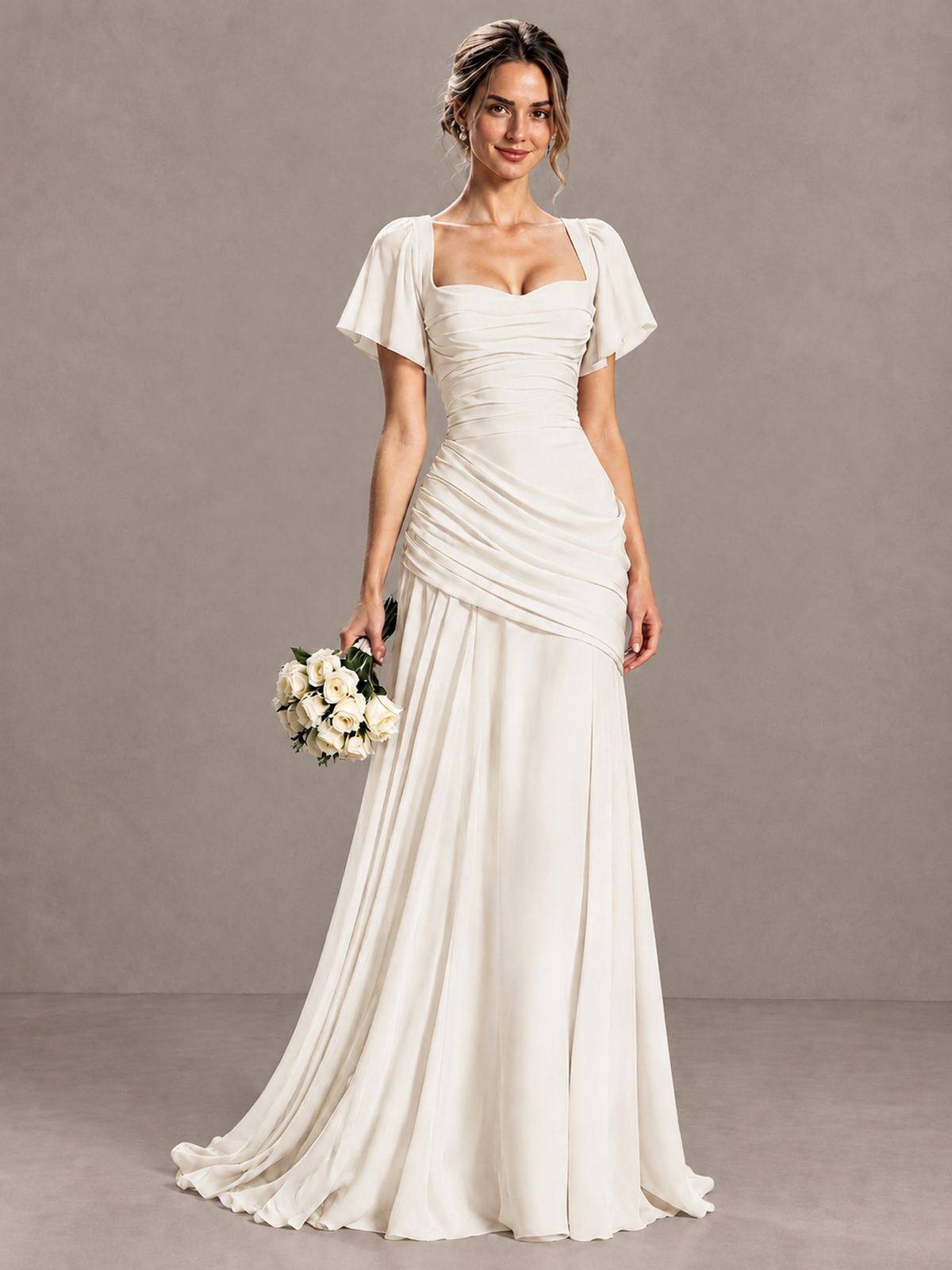 BOLODOO Ivory Flutter Sleeve Lace-Up Back Maxi Dress - Ivory - Ivory (1)
