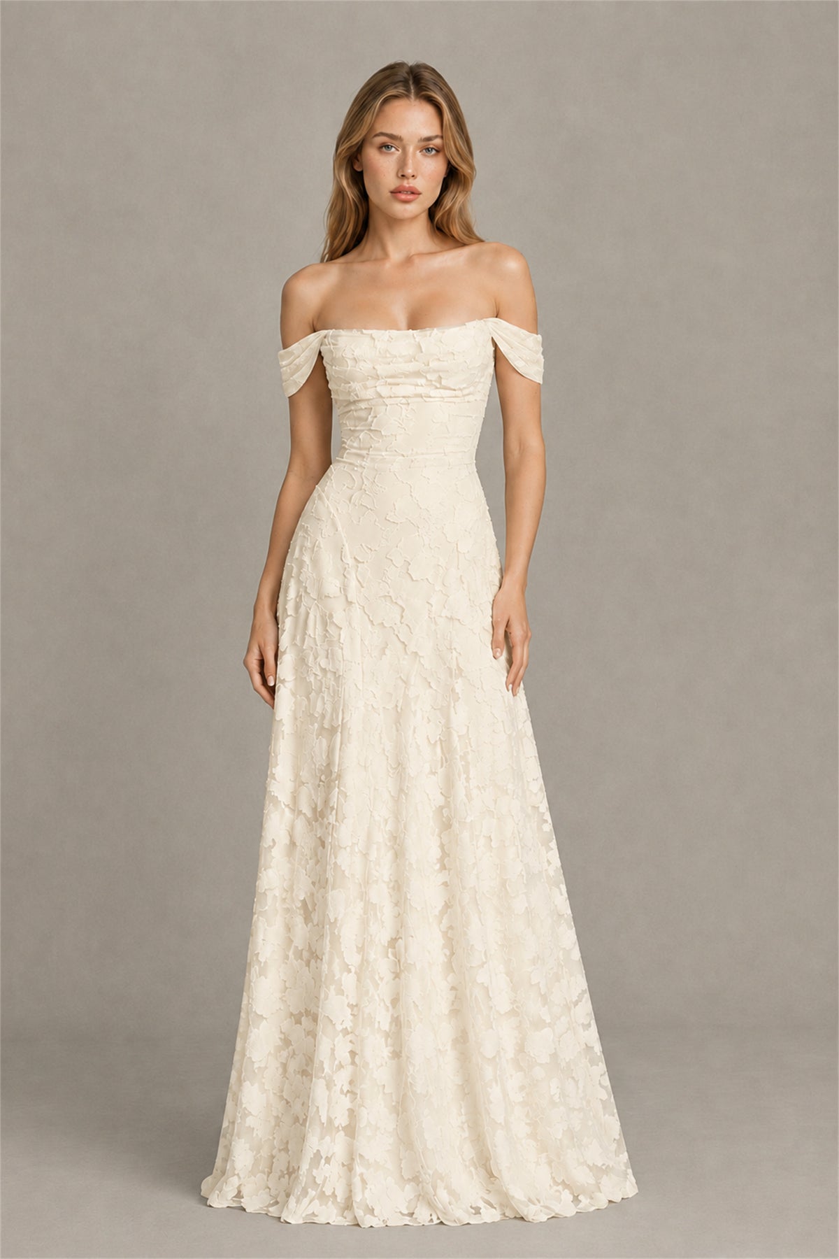 BOLODOO Ivory Off-Shoulder Pleated A-Line Maxi Dress Floral - Ivory