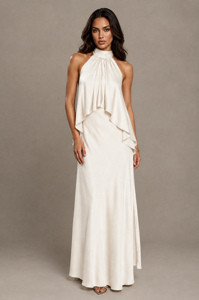 BOLODOO Ivory Halter Neck Cascading Ruffle Cape Open Back Side Slit Satin Maxi Dress - Ivory