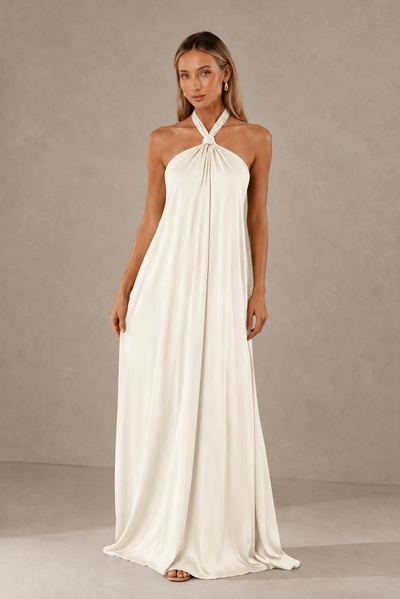 BOLODOO Ivory Backless Halter Satin Bridesmaid Dress - Ivory