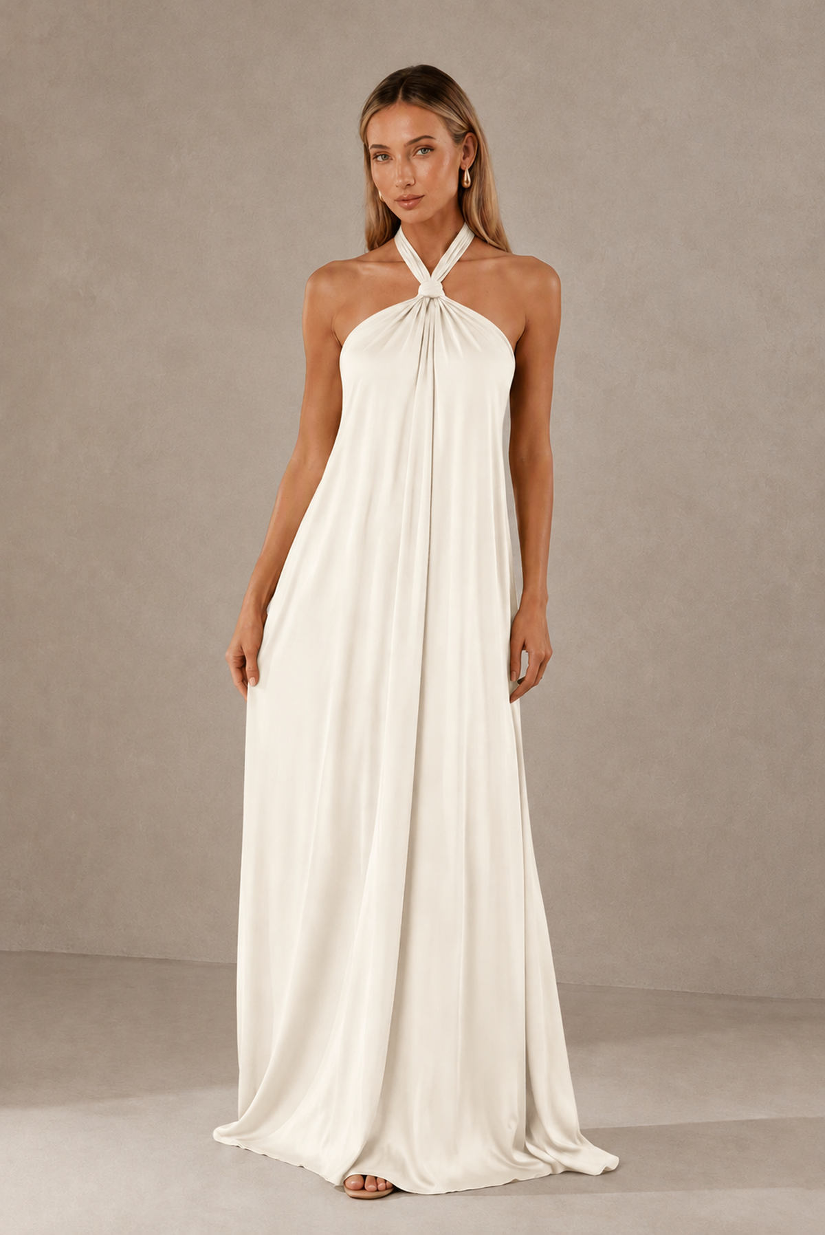 BOLODOO Ivory Backless Halter Satin Bridesmaid Dress - Ivory