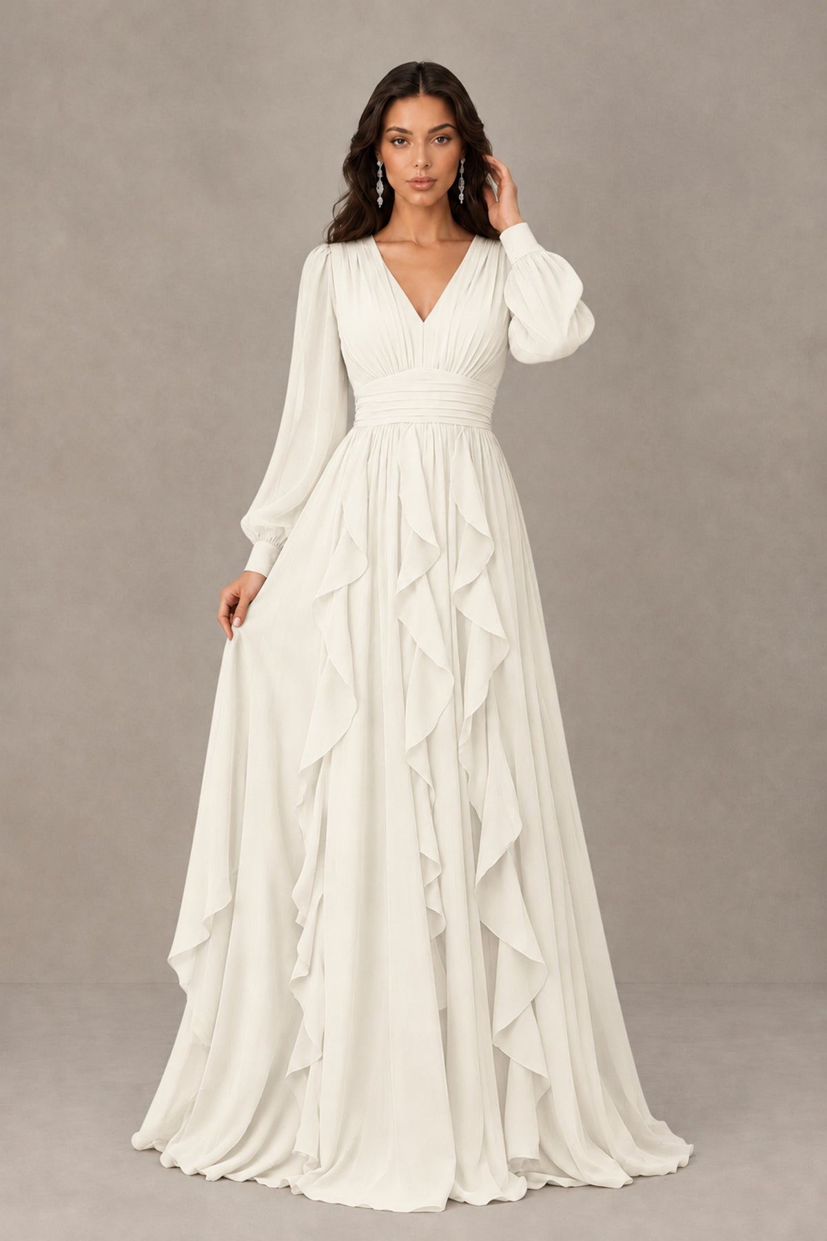 BOLODOO Ivory Long Sleeve V-Neck Ruffle Maxi Dress - Ivory - Ivory (1)