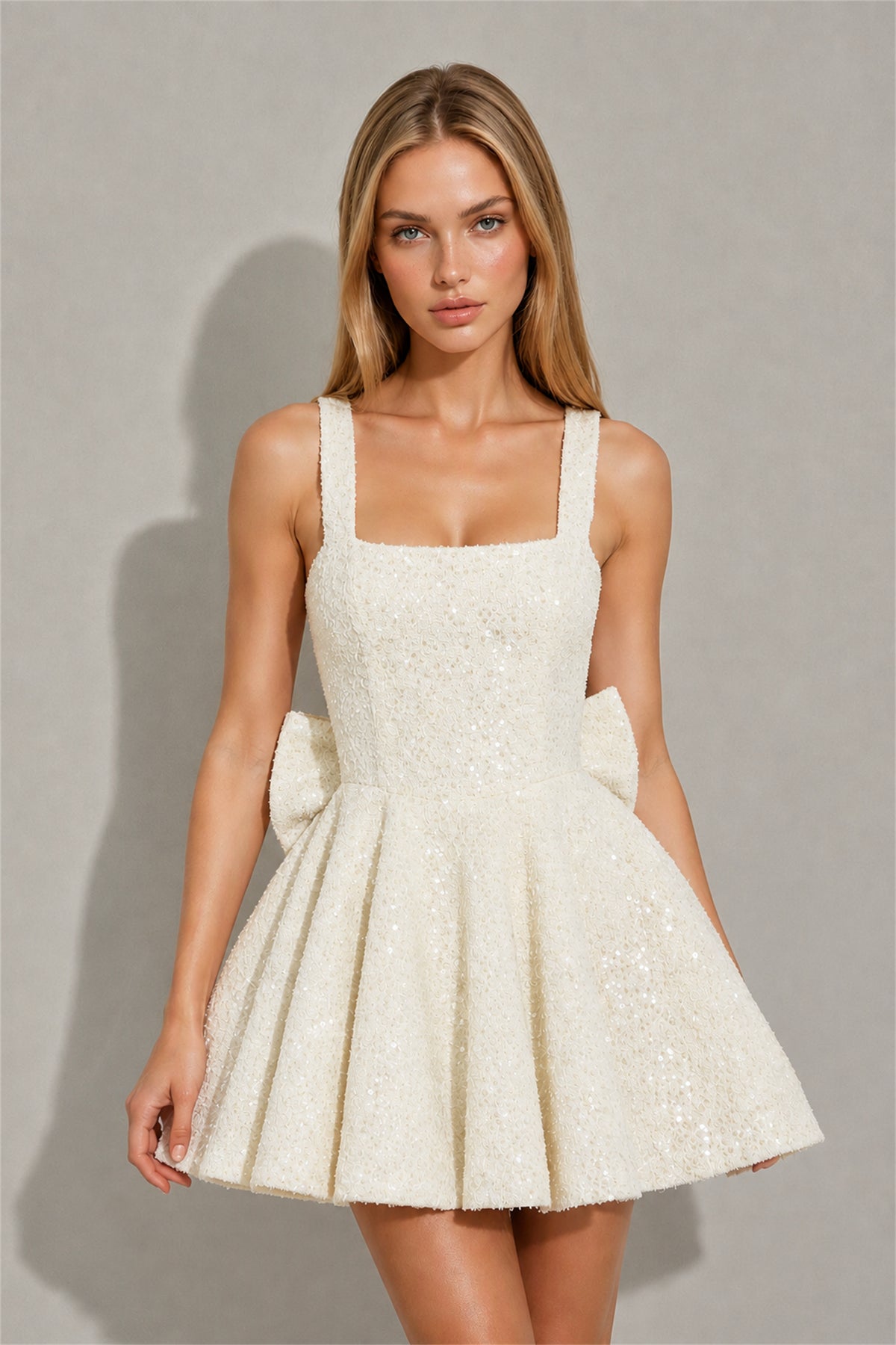 BOLODOO Ivory Sequin Square Neck Wide Strap Bow Waist Open Back Fit and Flare Mini Dress | Prom Birthday Party Dress - Ivory