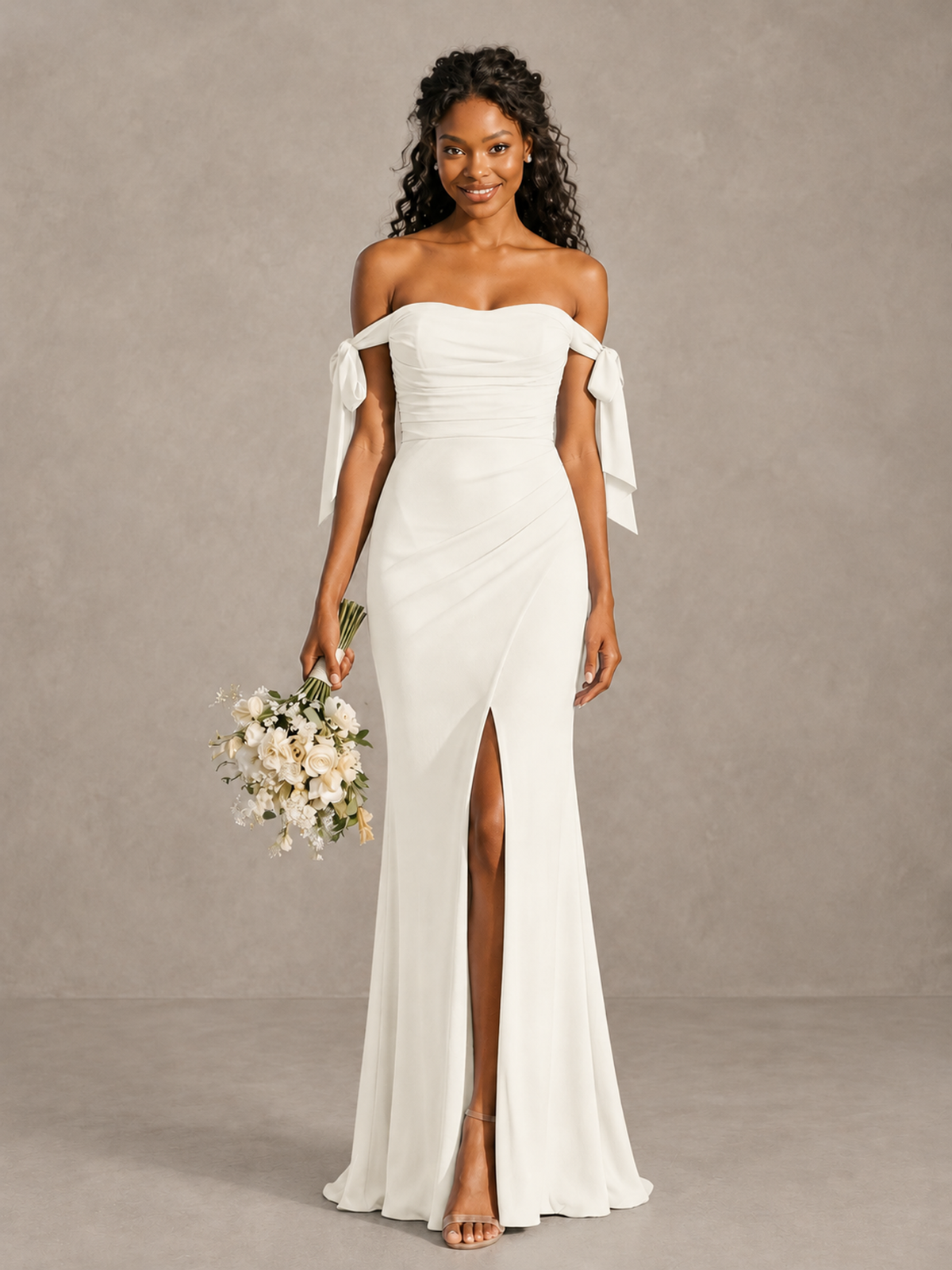 Ivory Off-Shoulder Bow Bridesmaid Dress with Slit - Ivory - Ivory (1)