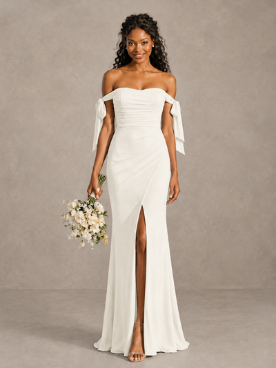 Ivory Off-Shoulder Bow Bridesmaid Dress with Slit - Ivory - Ivory (1)