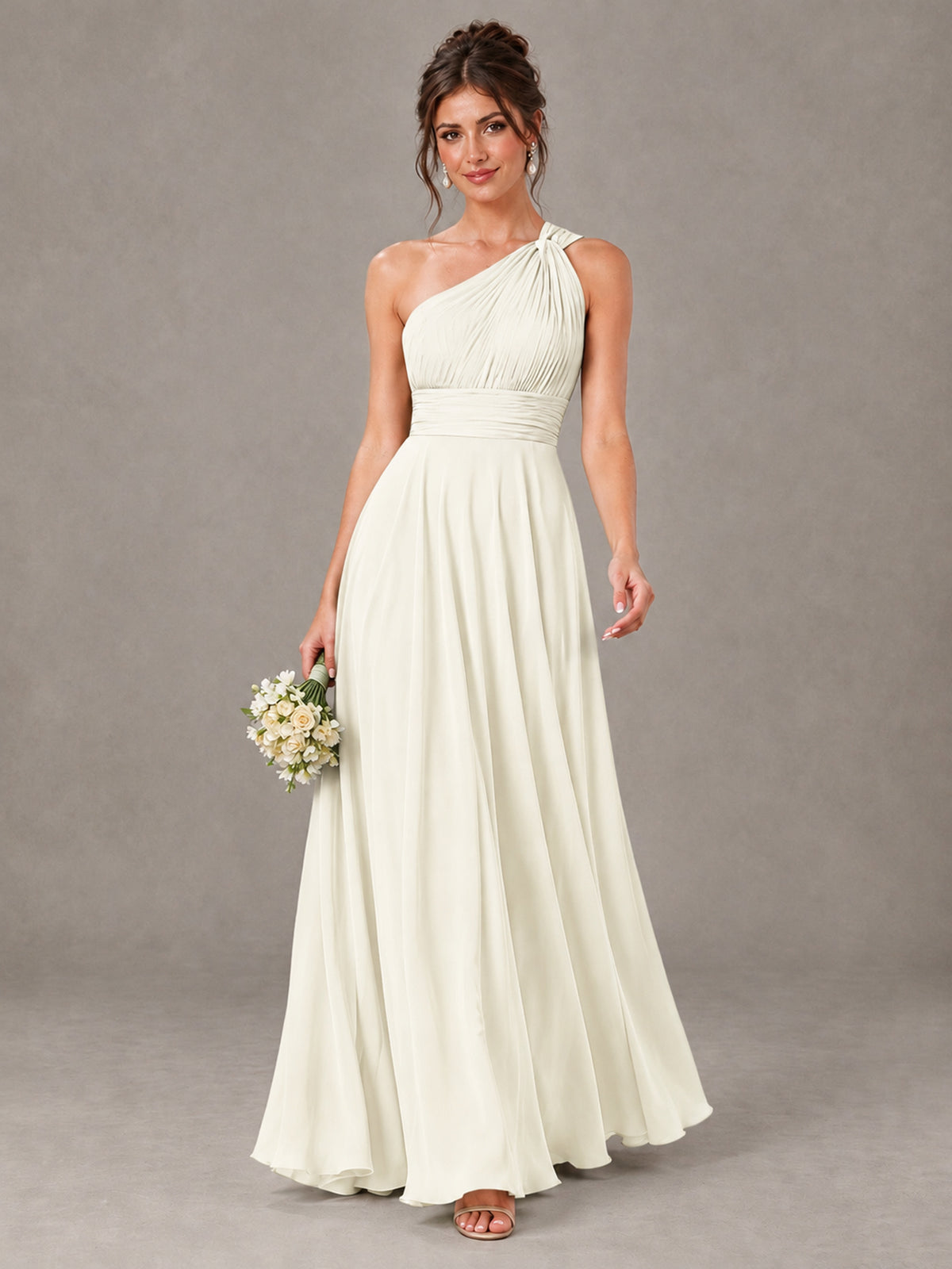 BOLODOO Ivory One-Shoulder Chiffon-Look Bridesmaid Dress - Ivory - Ivory (1)