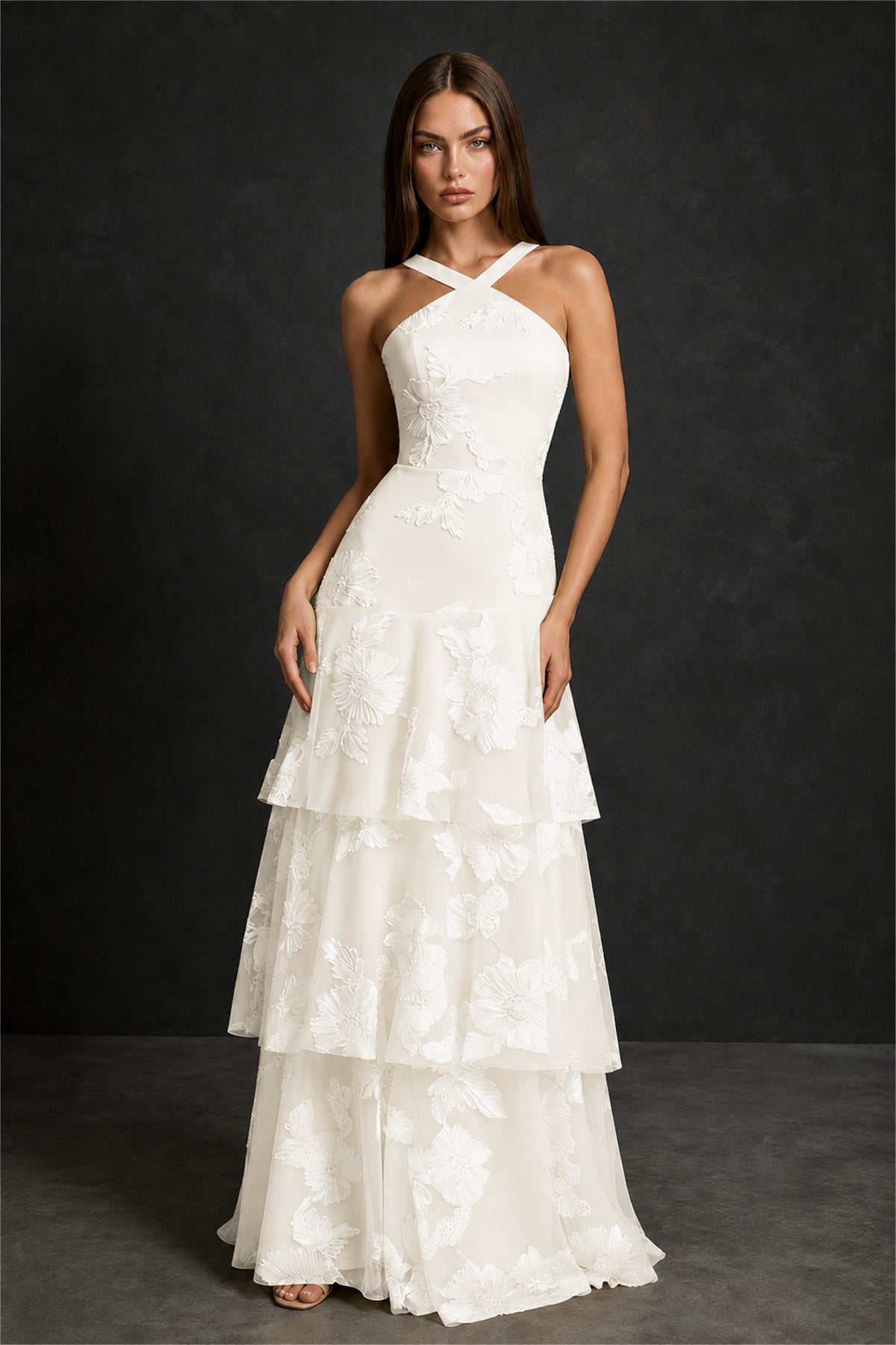BOLODOO Ivory Crisscross Halter Neck Ivory Floral Embroidered Triple Tiered A-Line Tulle Maxi Dress - Ivory