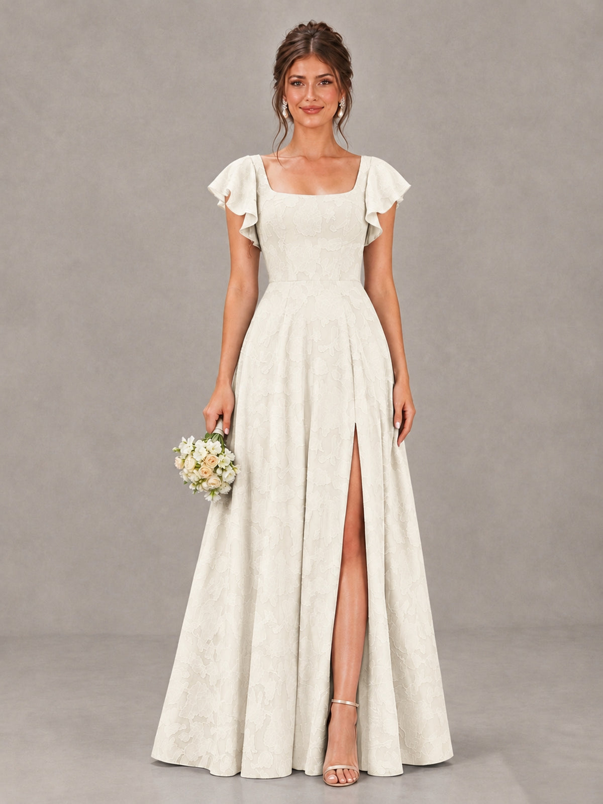 BOLODOO Ivory Floral Flutter Sleeve Bridesmaid Dress with Slit - Ivory - Ivory (1)