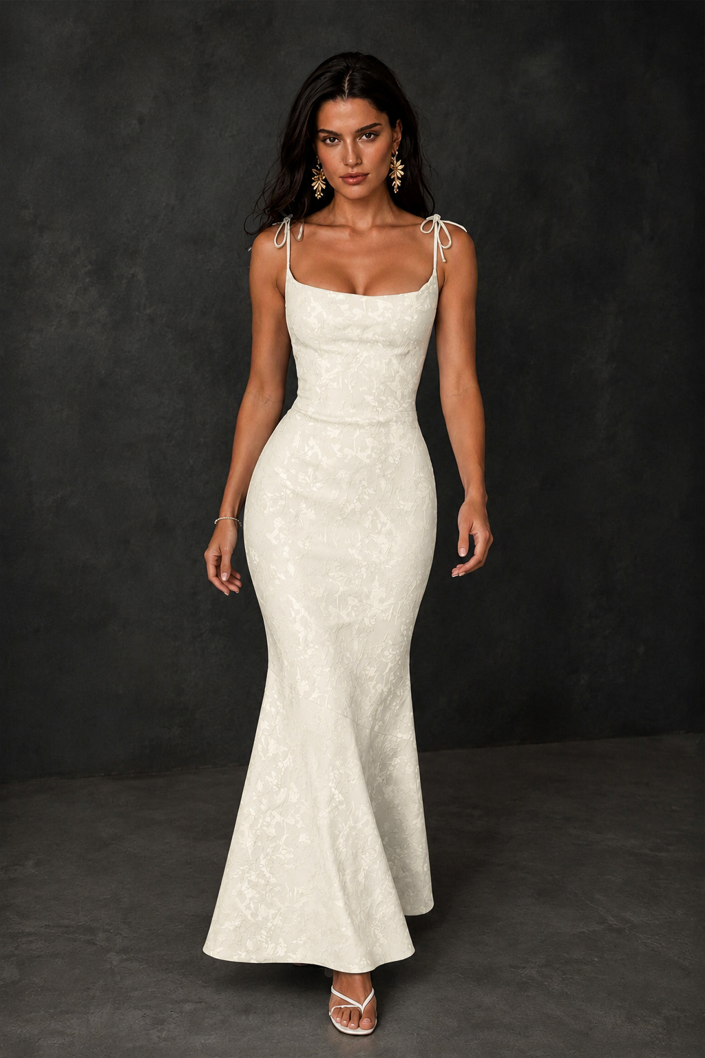 BOLODOO Ivory Scoop Neck Tie Strap Lace-Up Back Floral Jacquard Mermaid Maxi Dress - Ivory