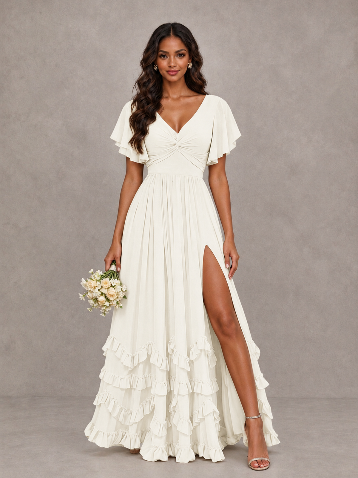 BOLODOO Ivory V-Neck Flutter Sleeve Ruffle Bridesmaid Dress with Slit - Ivory - Ivory (1)