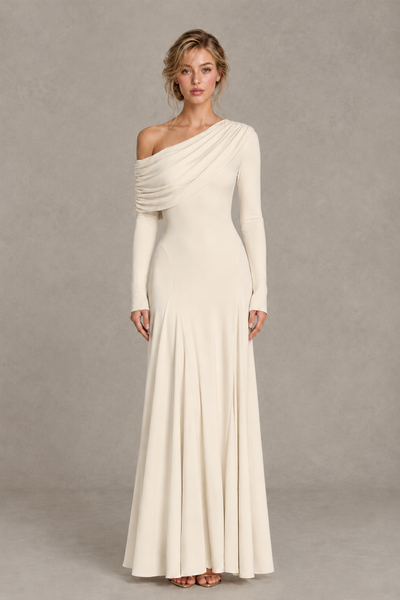 BOLODOO Ivory Asymmetric Draped Long Sleeve Evening Gown - Ivory