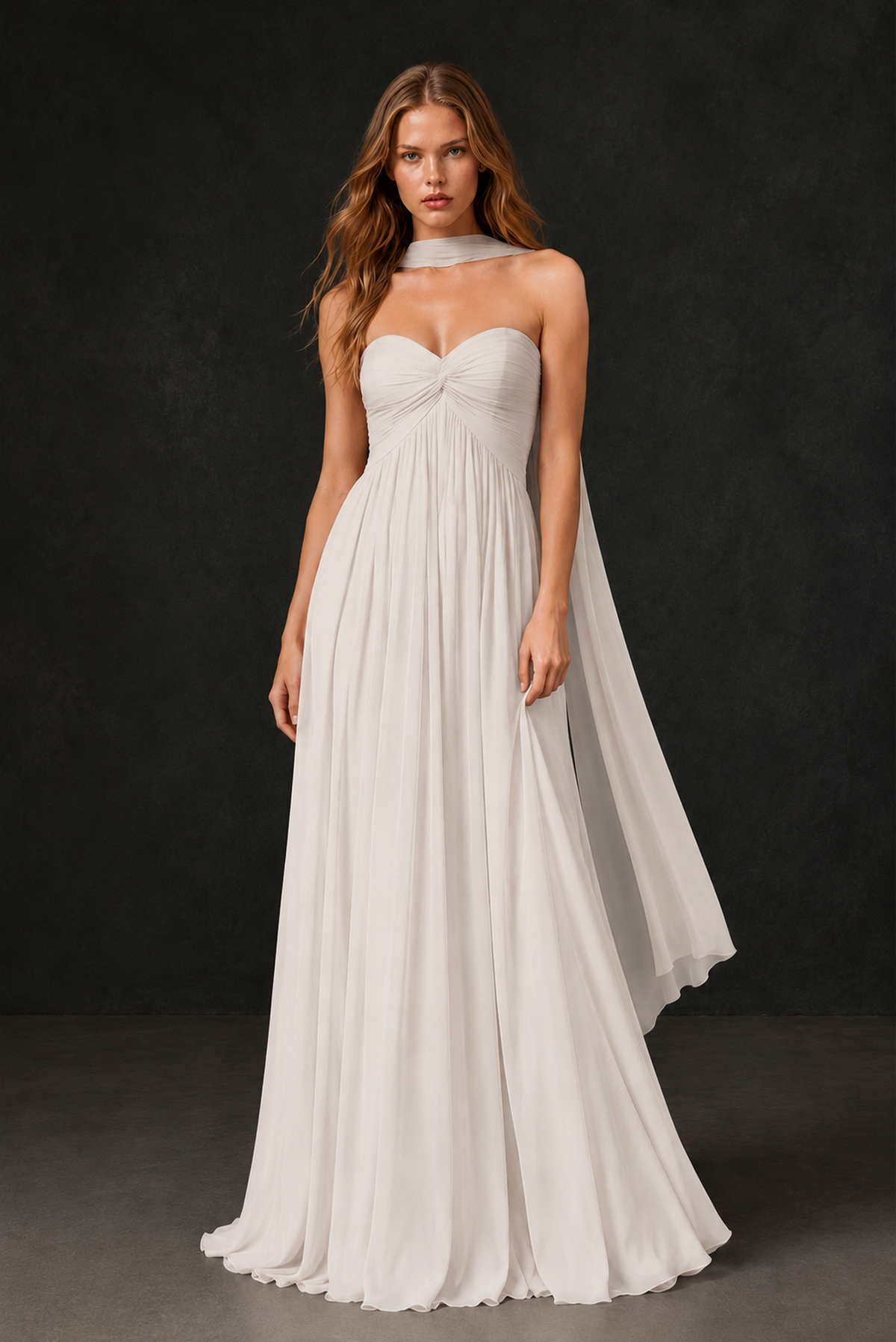 BOLODOO Ivory Sweetheart Strapless Twist Knot Detached Halter Scarf Lace-Up Back Empire Waist Chiffon Maxi Dress - Ivory