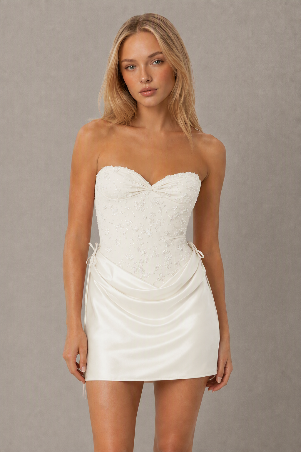 BOLODOO Ivory Lace Corset Strapless Sweetheart Satin Mini Dress with Open Back - Ivory