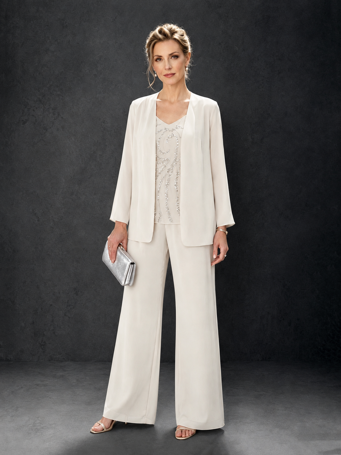 BOLODOO Ivory 3-Piece Mother of the Bride Pant Suit with Beaded Top & Chiffon Jacket - Ivory
