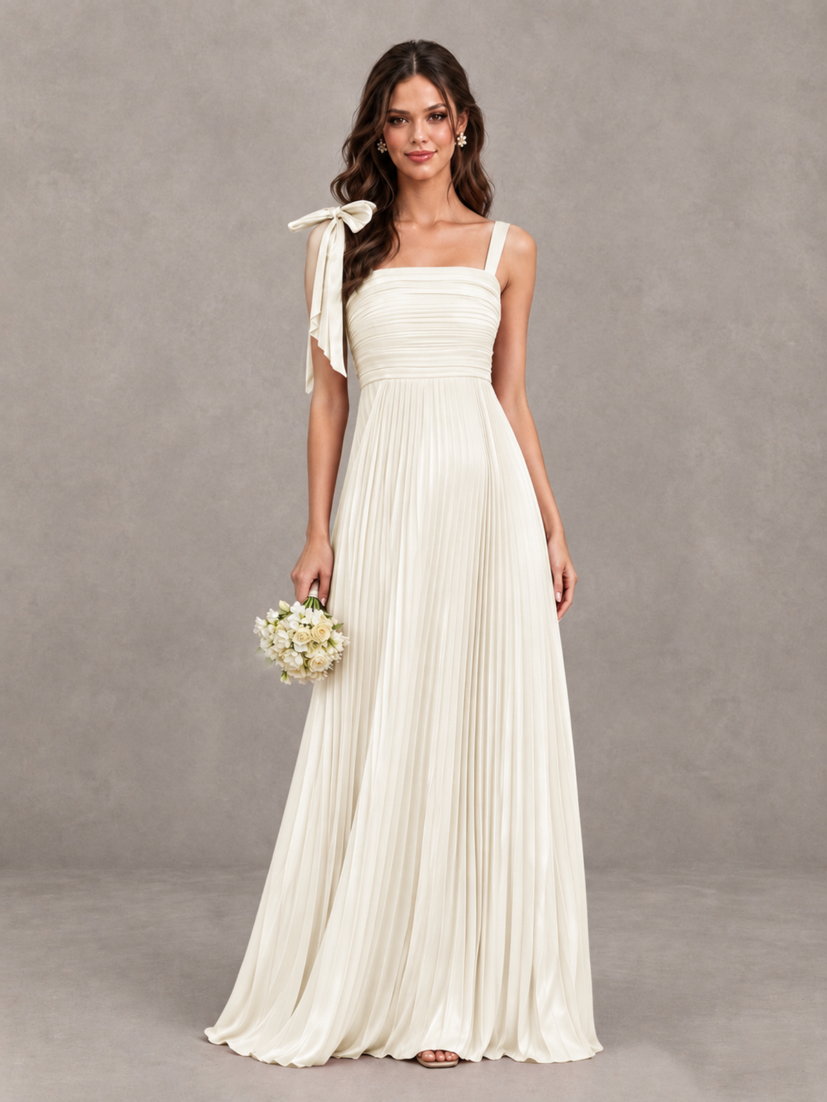 BOLODOO Ivory Pleated Bow-Strap Bridesmaid Maxi Dress - Ivory - Ivory (1)
