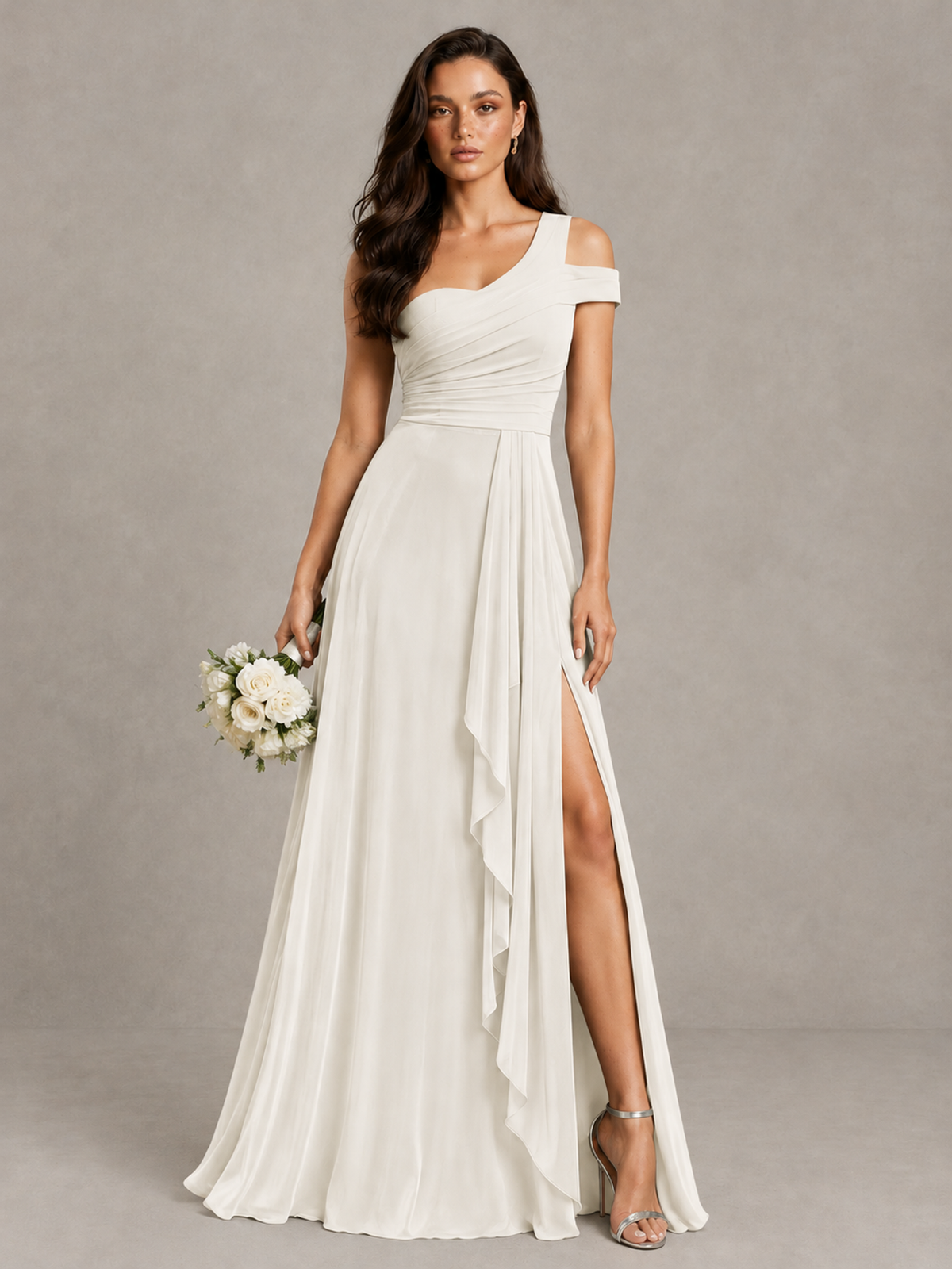 BOLODOO Ivory One-Shoulder Bridesmaid Dress with Side Slit - Ivory - Ivory (1)