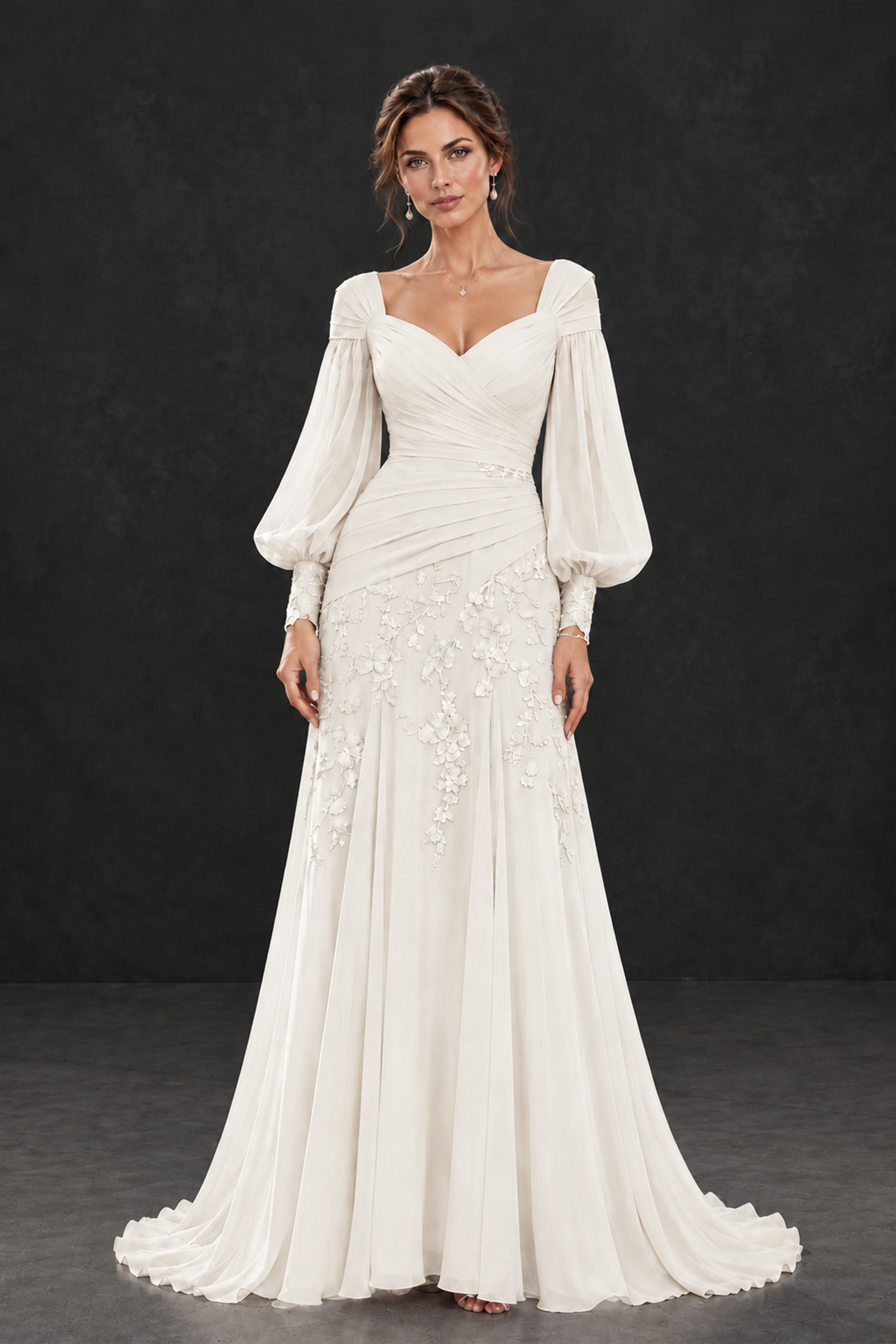 BOLODOO Ivory Long Sleeve Mother of the Bride Dress with Floral Appliqués - Ivory - Ivory (1)