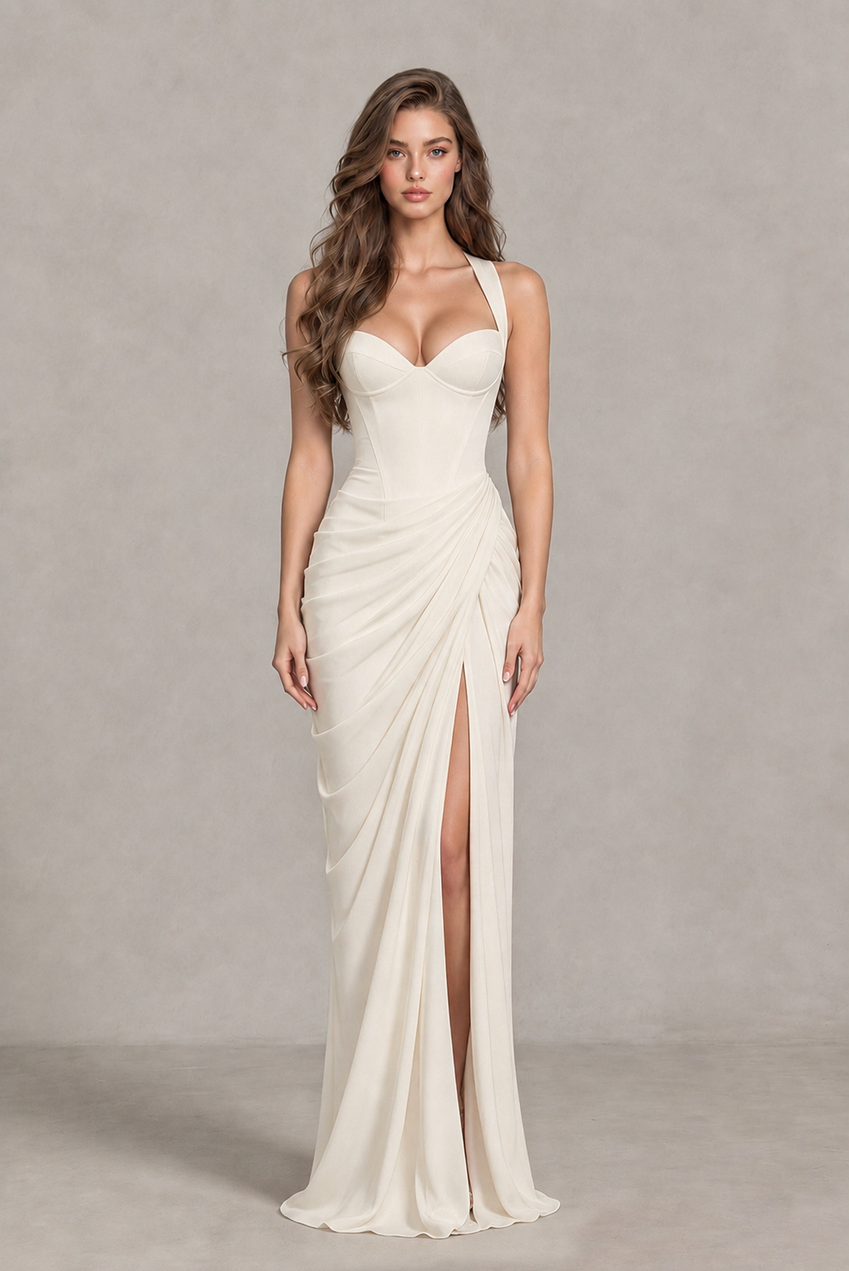 BOLODOO Chocolate Ivory Sweetheart Maxi Dress with High Slit - Ivory