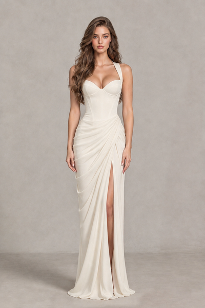 BOLODOO Chocolate Ivory Sweetheart Maxi Dress with High Slit - Ivory