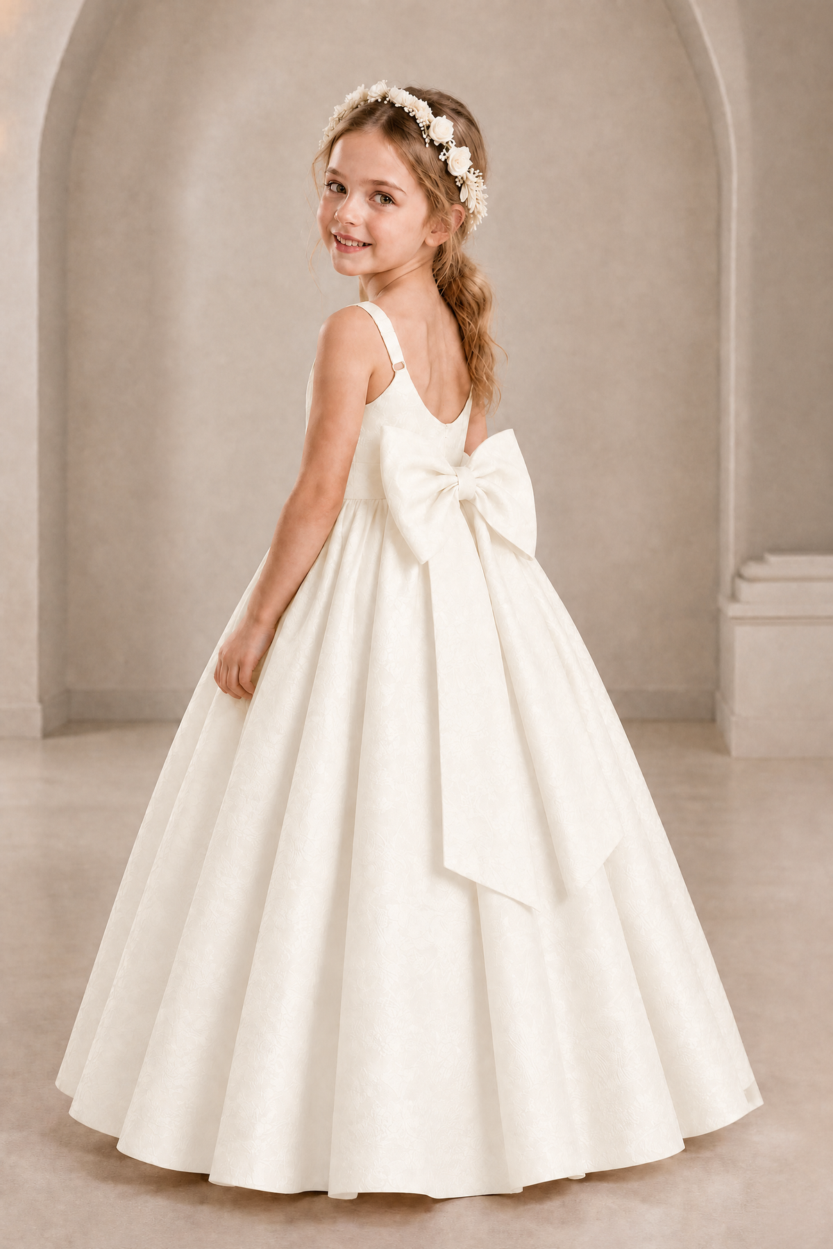 BOLODOO Ivory Girls' A-Line Flower Girl Dress with Back Bow - Ivory