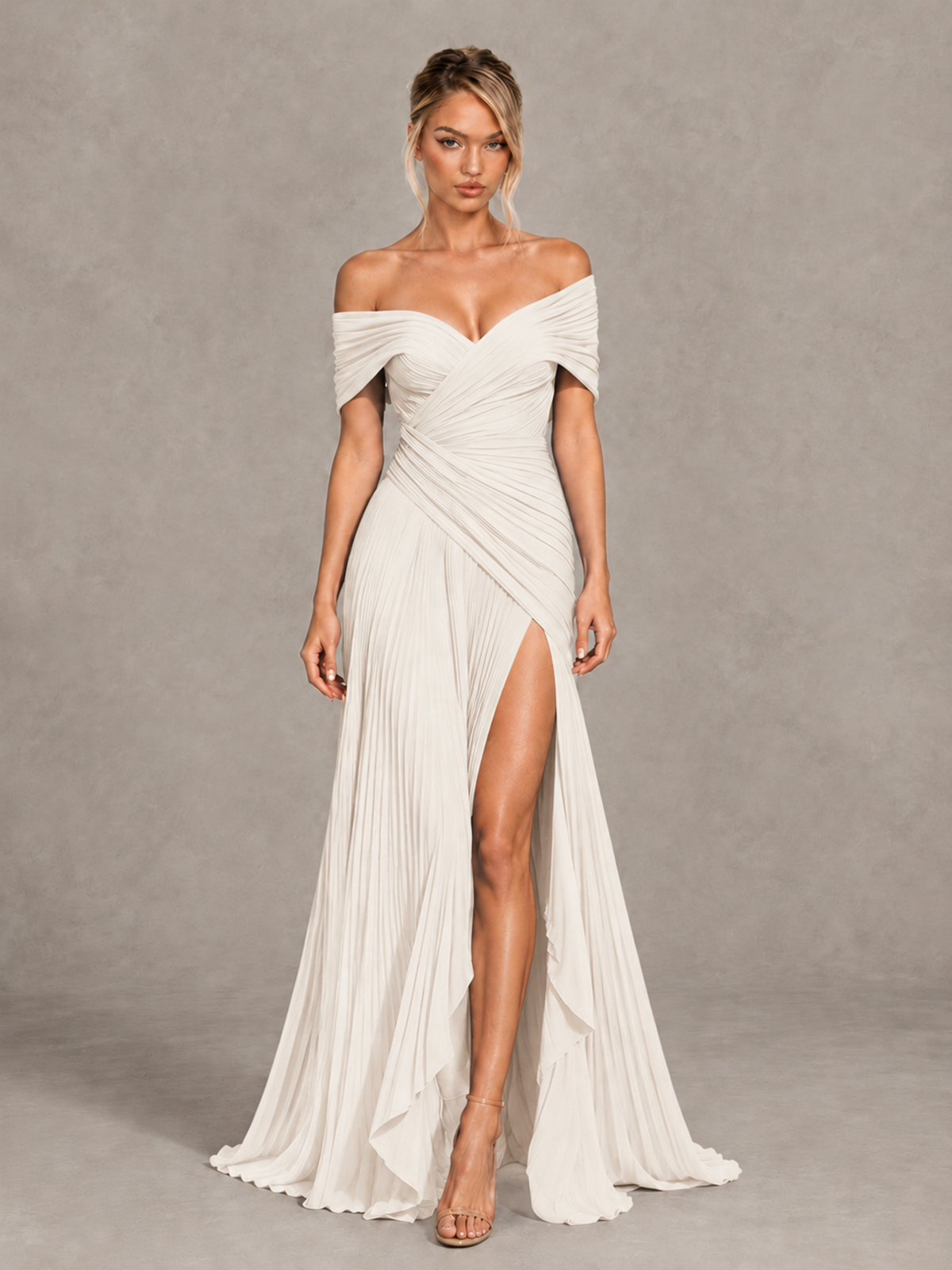BOLODOO Ivory Off-Shoulder Ruched Pleated Maxi Dress with High Slit - Ivory - Ivory (1)