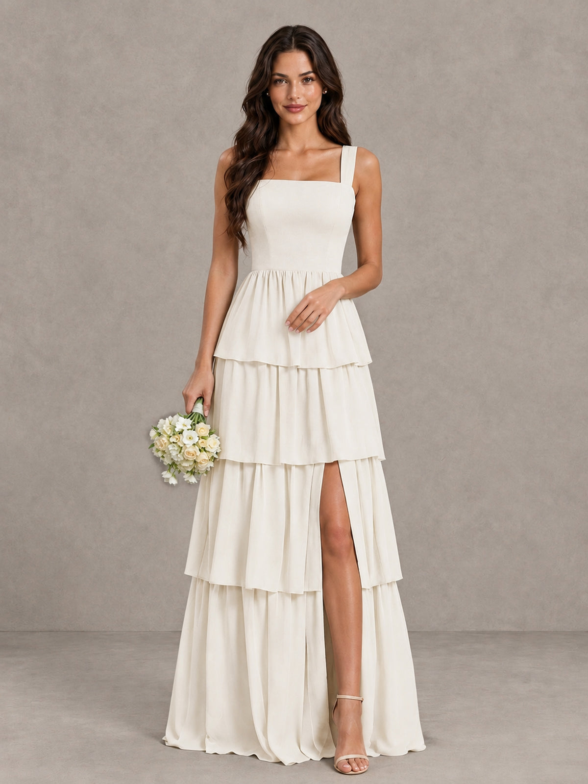 BOLODOO Ivory Square Neck Tiered Bridesmaid Dress with Slit - Ivory - Ivory (1)