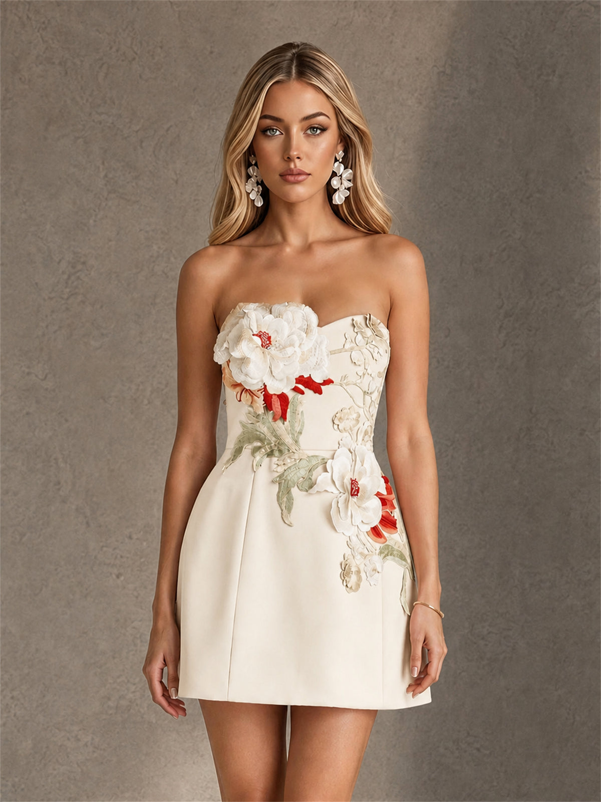 BOLODOO Ivory Oversized 3D Peony Floral Appliqué Strapless Open Back A-Line Mini Dress BD0498 - Ivory